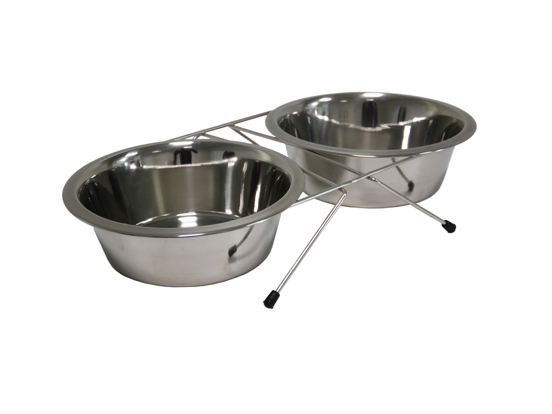DOG BOWL STAINLESS STEEL DUBBLE 2 X 21 CM